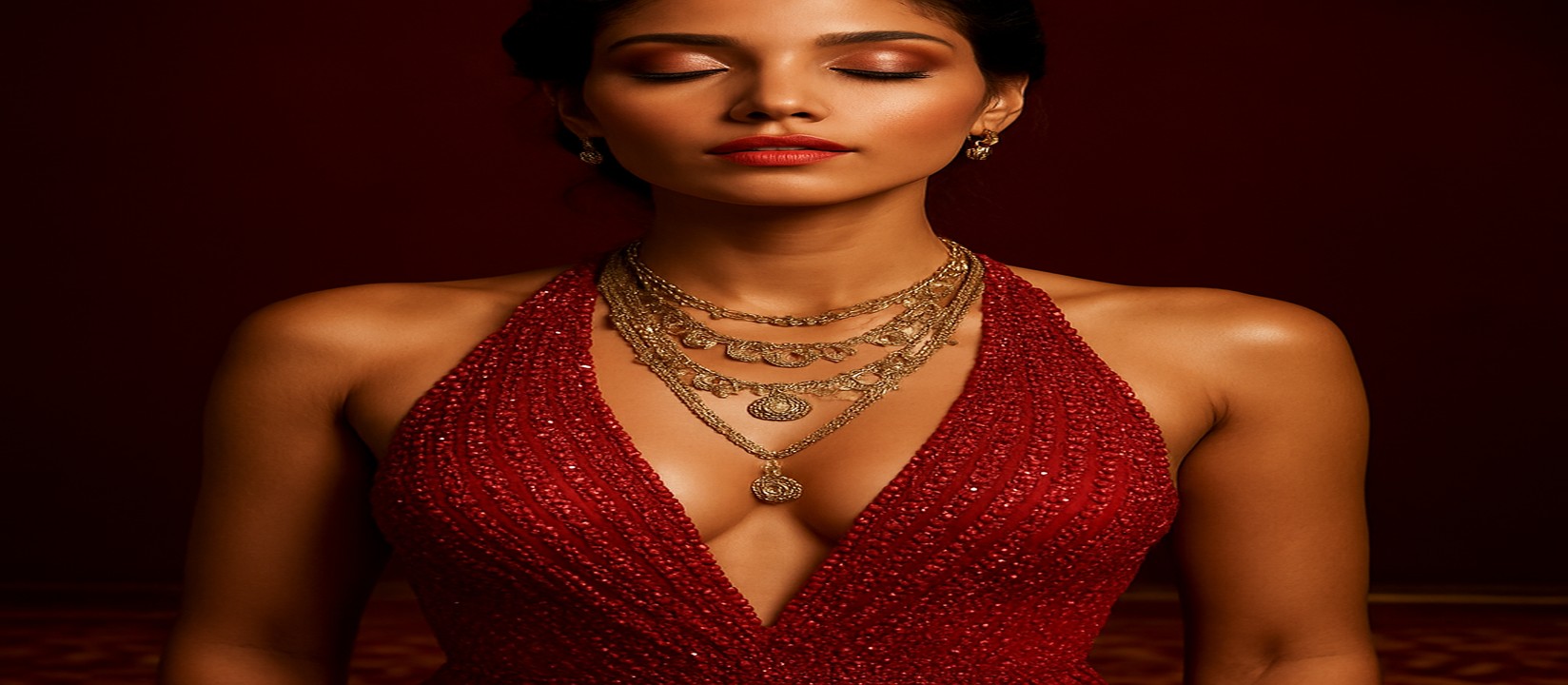 bd345 গেমিং প্ল্যাটফর্মে টেবিলের সামনে লাল পোশাকে সজ্জিত এক নারী