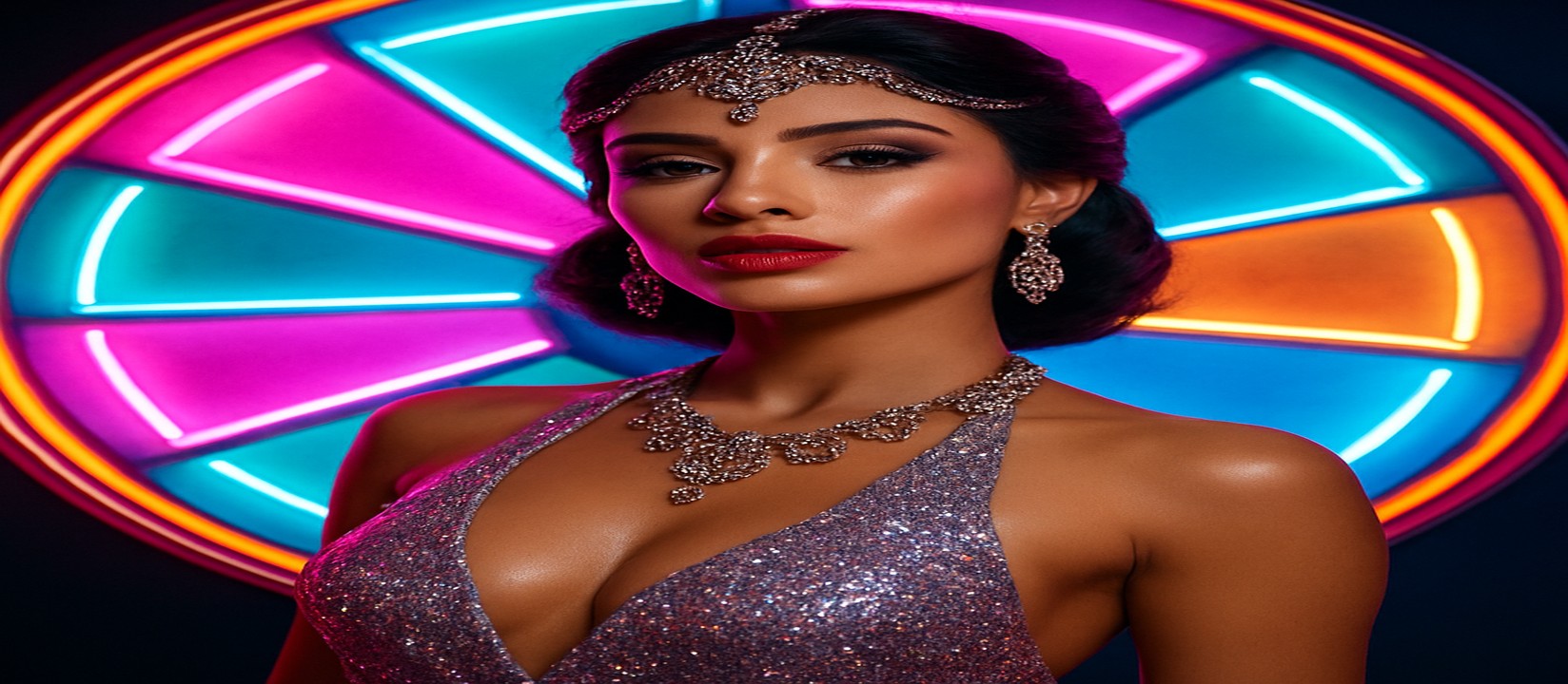 bd345-এর বর্ণময় গেমিং প্ল্যাটফর্মের সামনে উজ্জ্বল পোশাকে একজন নারী