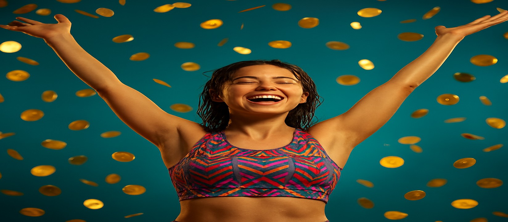 একজন নারী, মুদ্রার ঝরনার মাঝে, রঙিন পোশাকে